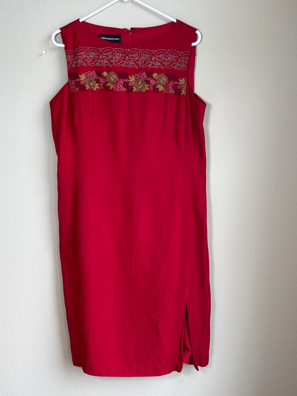 VTG Donna Morgan Red Linen-Blend Embroidered Embellished Sheath Dress - Size 16
